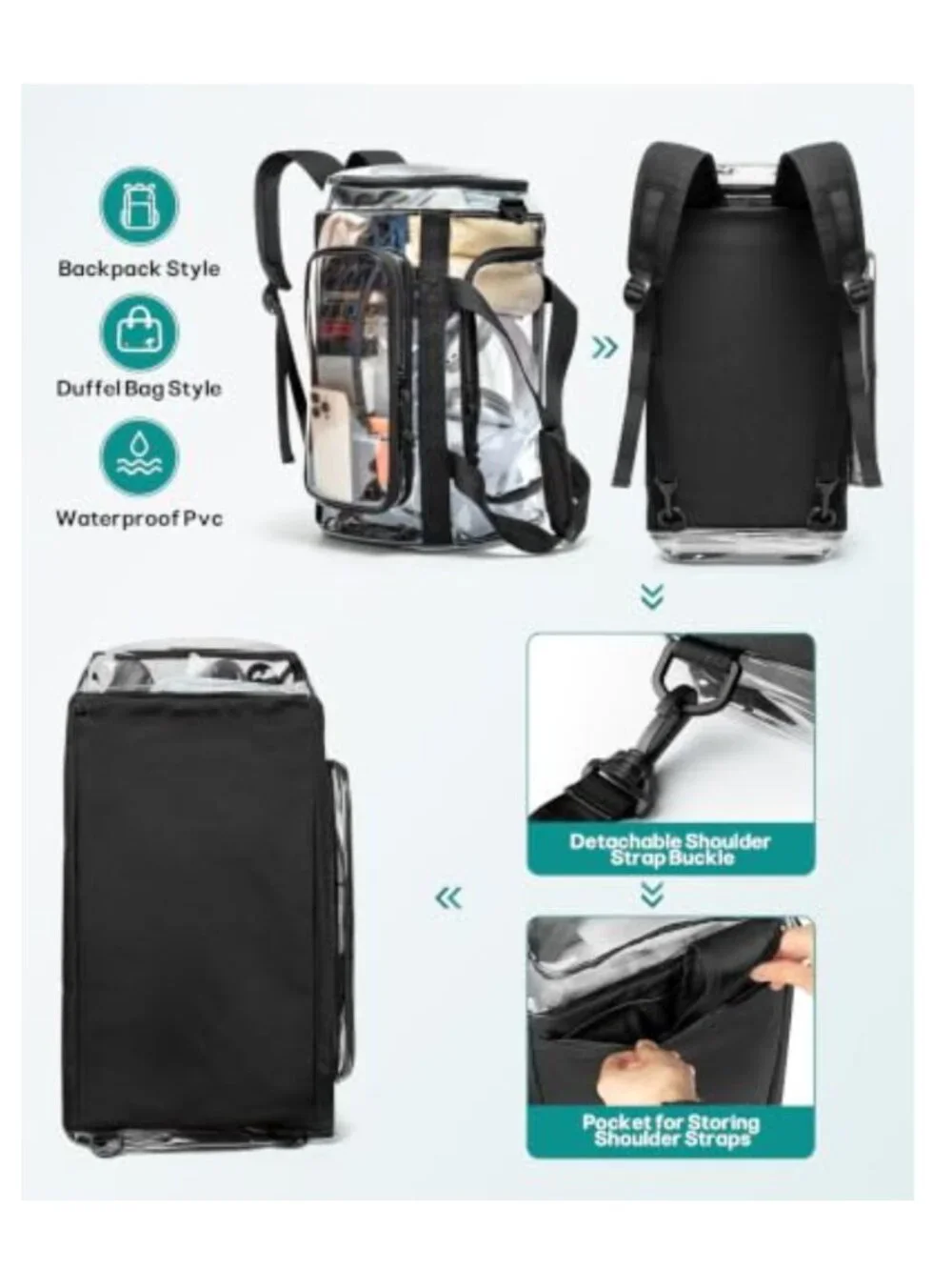 Clear Duffle Bag 32.5L Convertible Travel Backpack Waterproof PVC with Shoe
